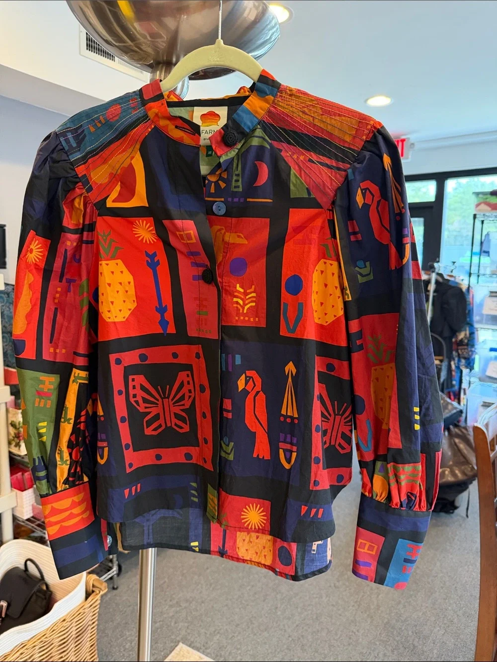 FARM Rio Colorful Tropical Icons Blouse 100% Cotton XS bold print baggy